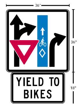 Sign which indicates car turning right through a bicycle lane and instructing the bicycle priority right of way for the car to yield to the bicycle this was a unique sign for Broadway and Williams.