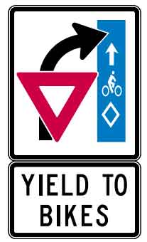 Sign which indicates car turning right through a bicycle lane and instructing the bicycle priority right of way for the car to yield to the bicycle in the bike lane.