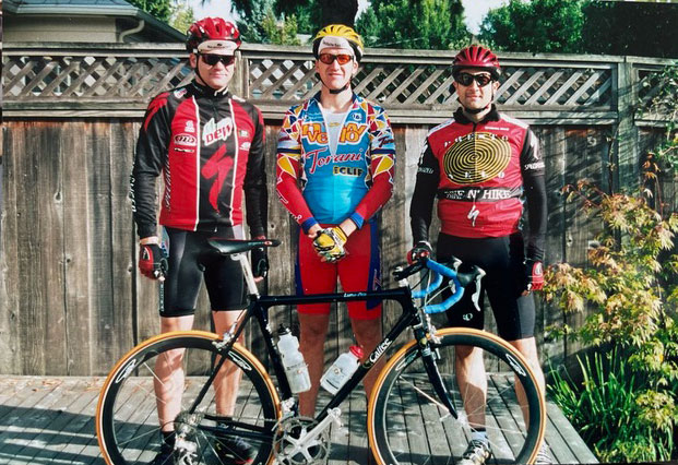 Michael Colbach Portland bicycle injury lawyer in the middle, the guy on the right is wearing a Bike N Hike - Presto Velo bicycle jersey and the guy on the left is another Presto Velo cycling team member from the early 1990's.