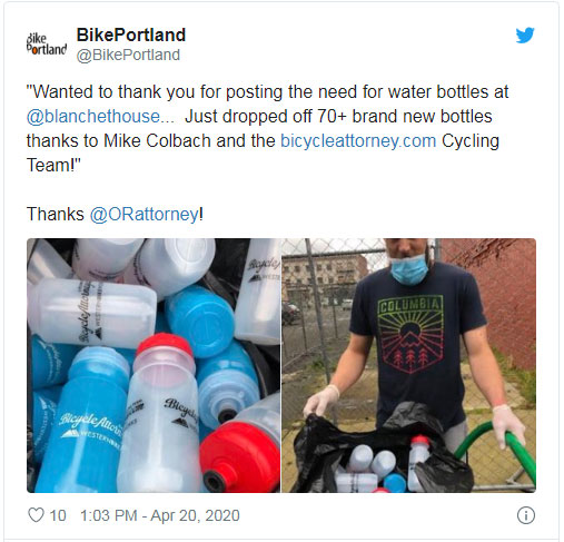 Pandemic hit and the bicycle attorney cycling team and Mike Colbach answered the call for needed water  bottles for homeless houseless while the Benson Bubblers were turned off but need for fresh drinking water