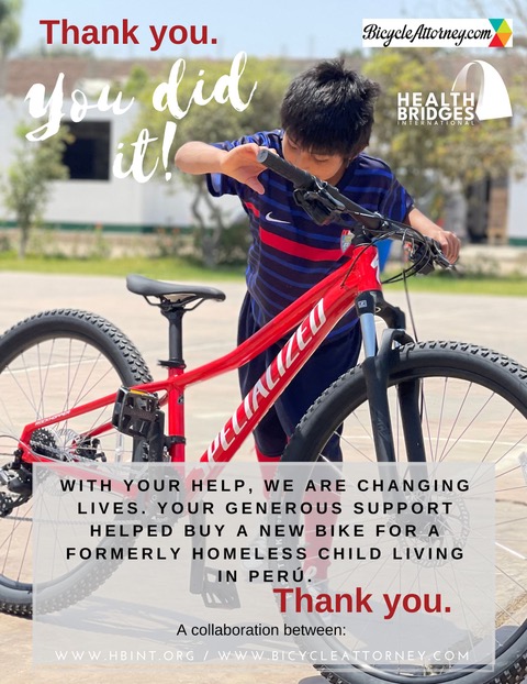 Health Bridges International and bicycle attorney collaboration bringing bikes to change lives to orphans in Peru.